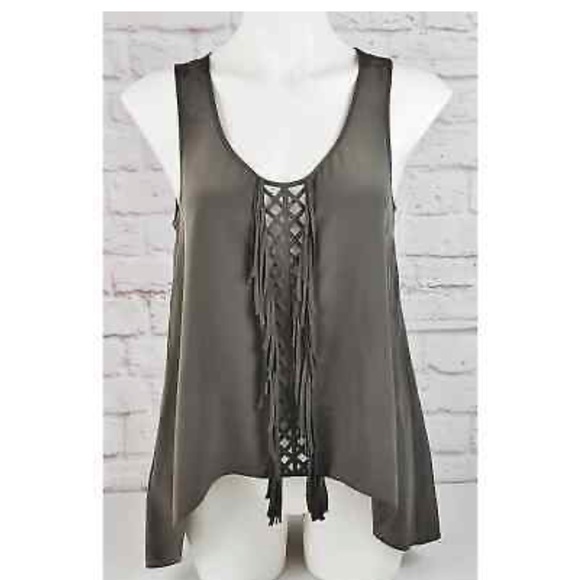 - BCBGMAXAZRIA Green Mura Fringed Silk Top - Picture 2 of 5